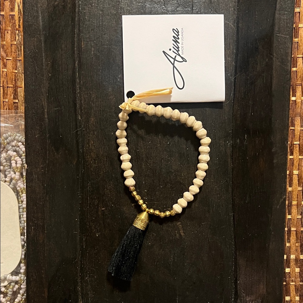 Ajuna Cream Paper Beaded Bracelet with Black Tassel